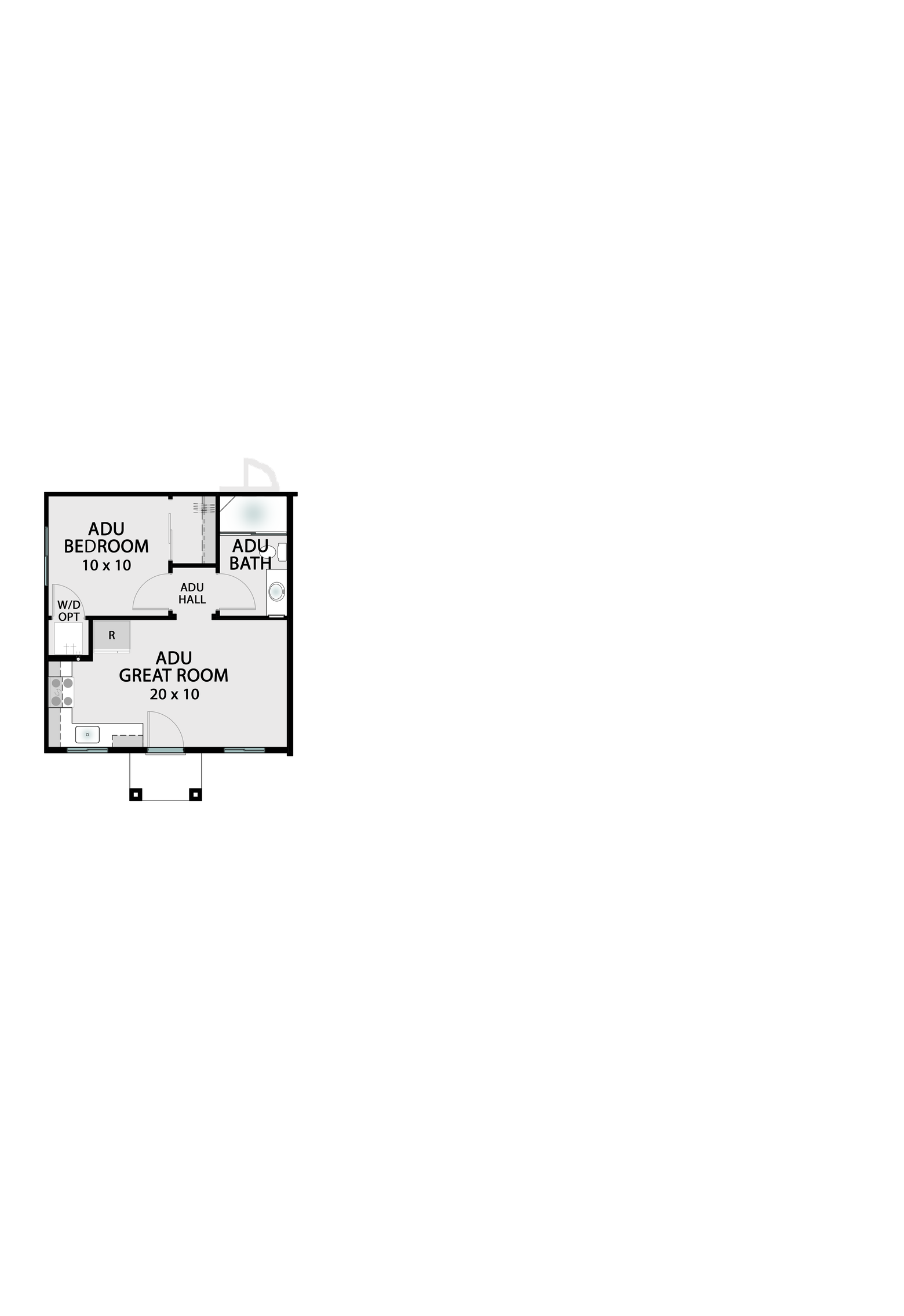 ADU Option structural overlay — adds a 220 square foot independent Accessory Dwelling Unit with private entrance, kitchen, bath, and living space